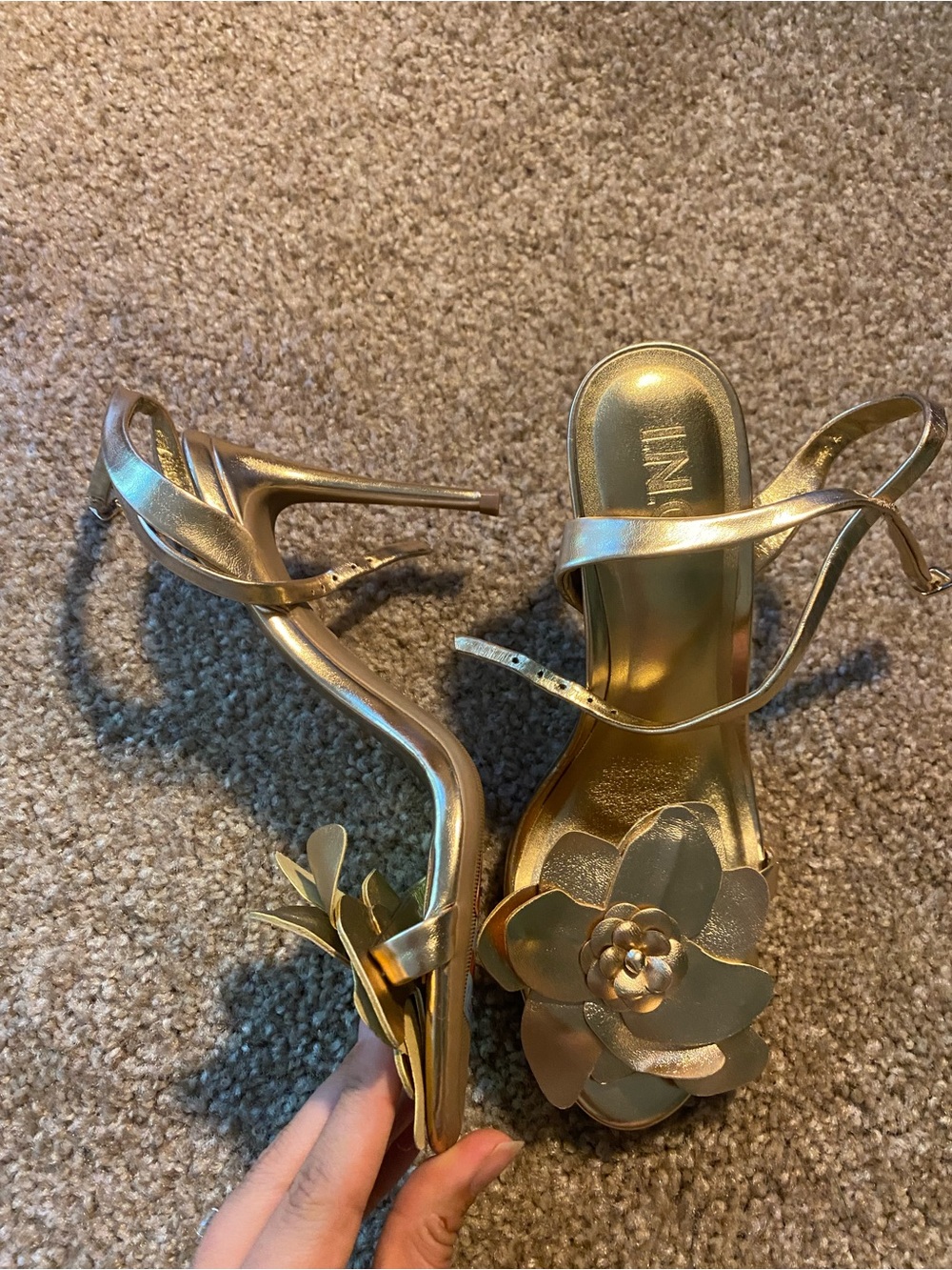 INC International Concepts Metallic Gold Floral Ankle-Strap Heels - Picture 2 of 4
